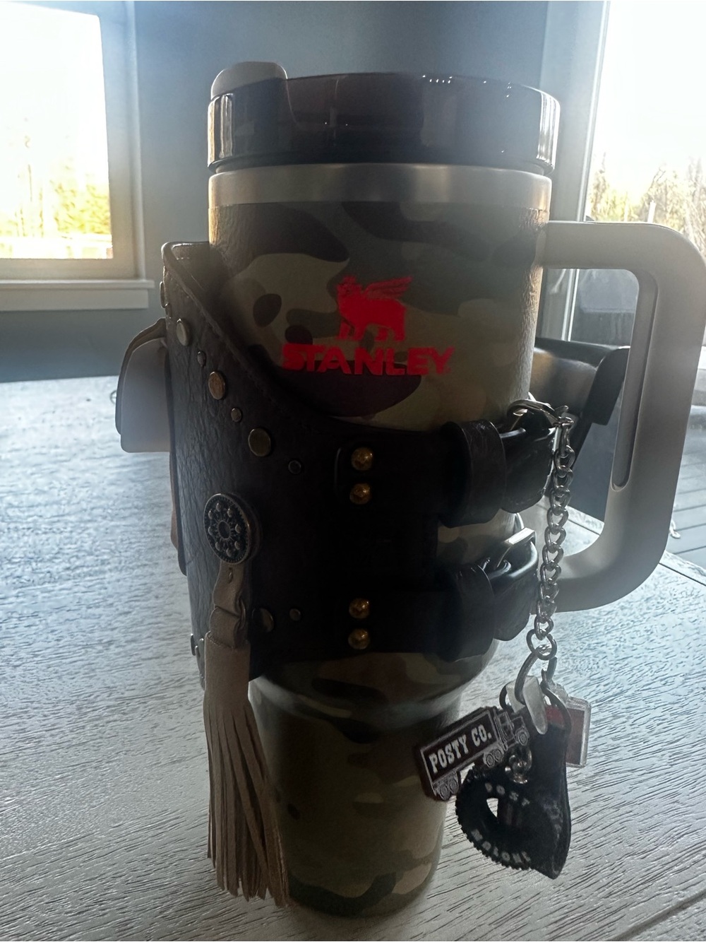 Stanley post Malone Camouflage Travel Mug with Brown Leather Belt & Tassel